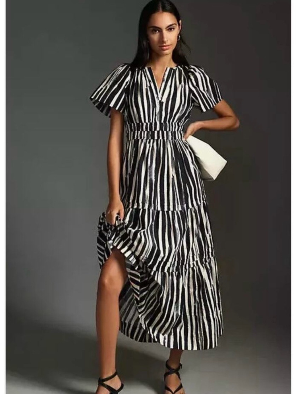 Anthropologie Black and White Striped Tiered Maxi Dress